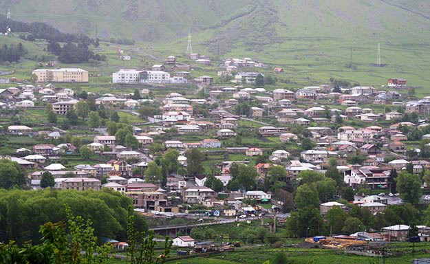 The town of Kazbegi seen from the top 